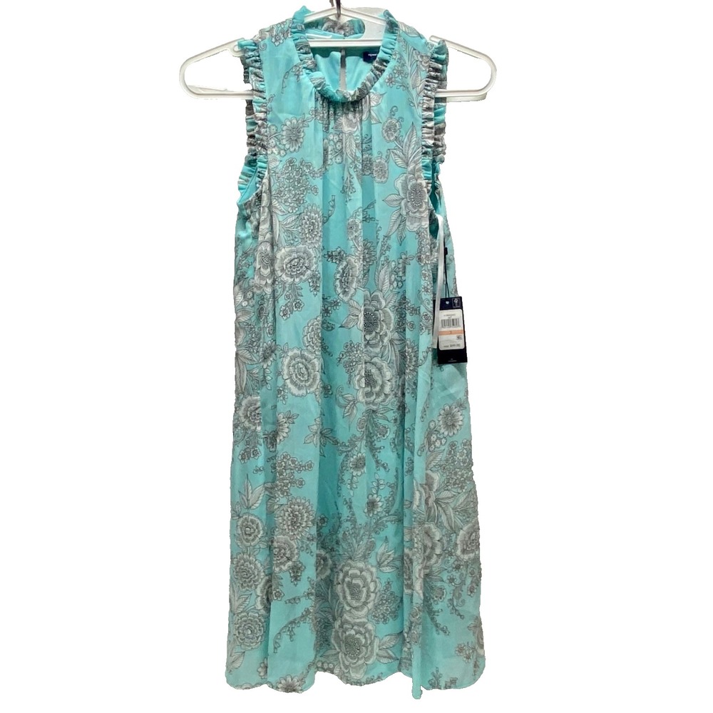 Tommy Hilfiger Dress Women's 2 Teal Floral Sleeveless Ruffle Hem $99 NWT